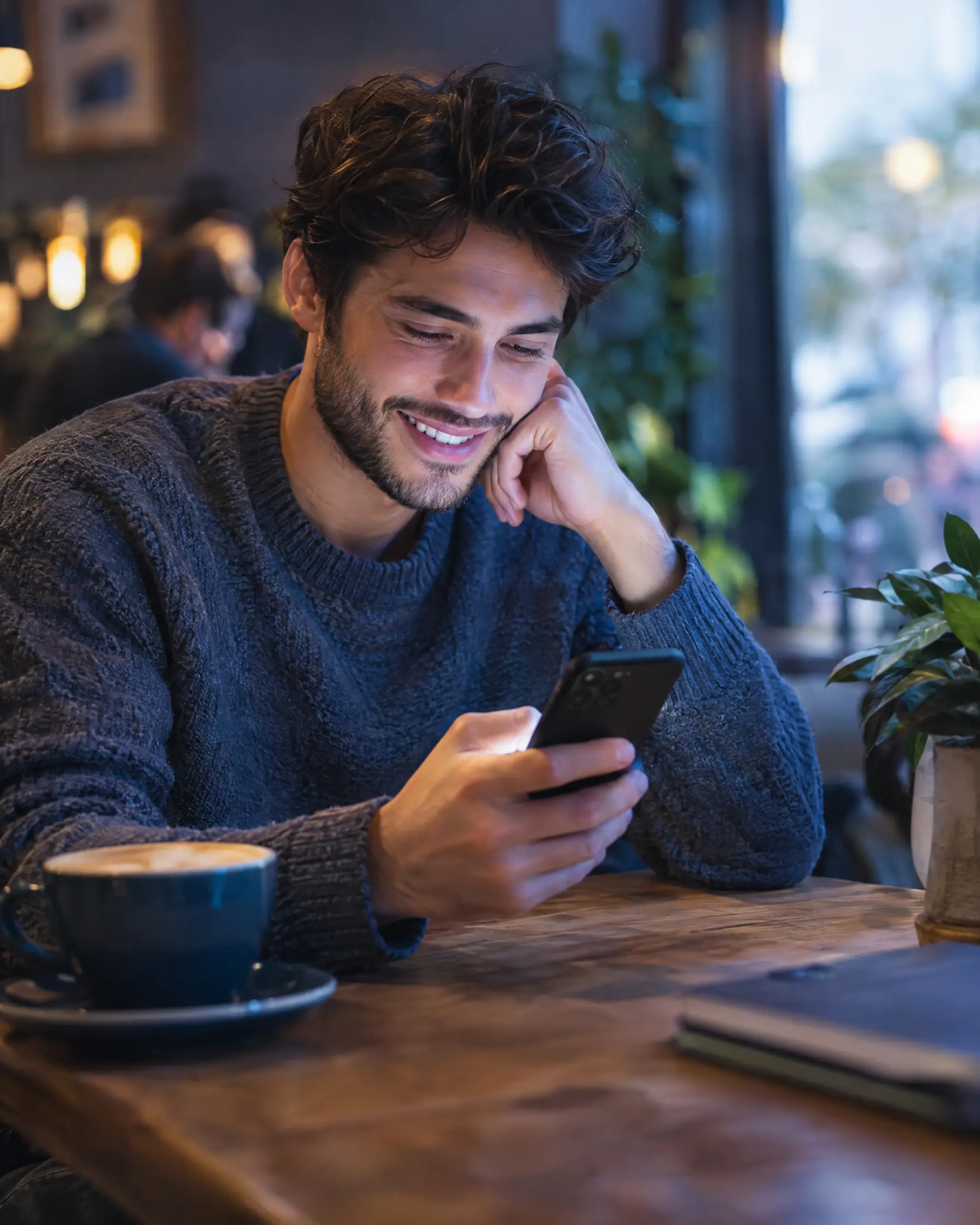A customer smiling at a helpful reply on his phone